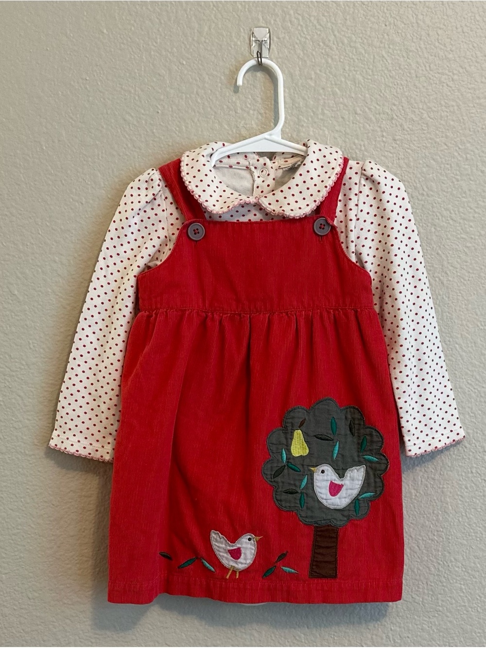Baby Boden Red Corduroy Pinafore Dress with White Polka Dot Top